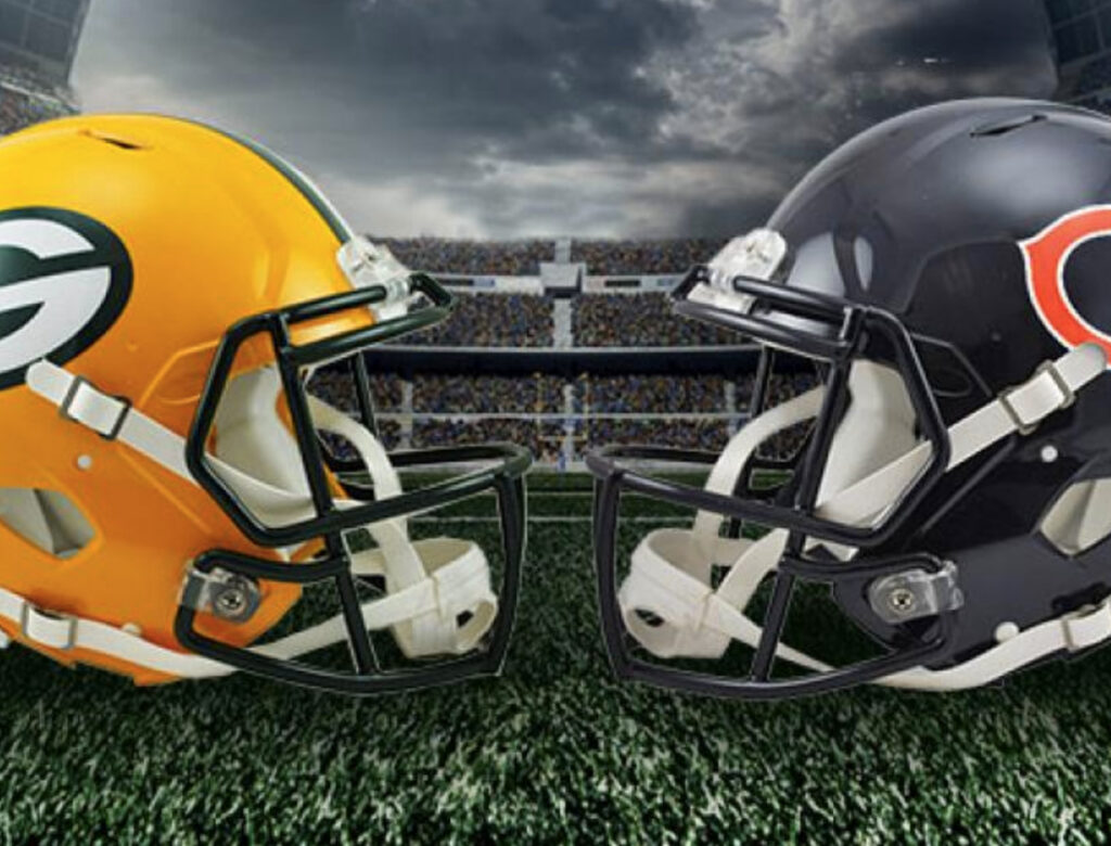 Chicago Bears and Green Bay Packers helmets facing off on a football field